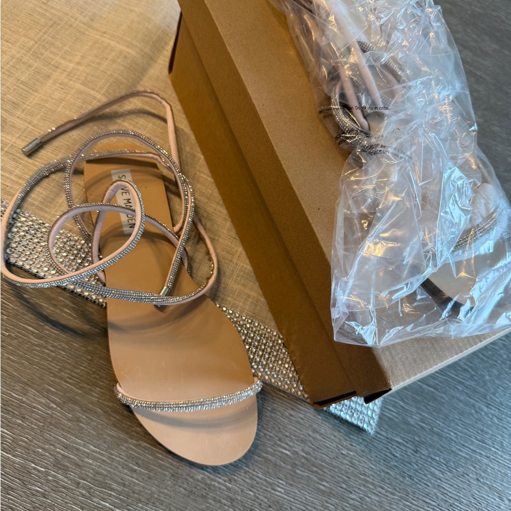 Strappy Rhinestone Lace-Up Sandals - Blush